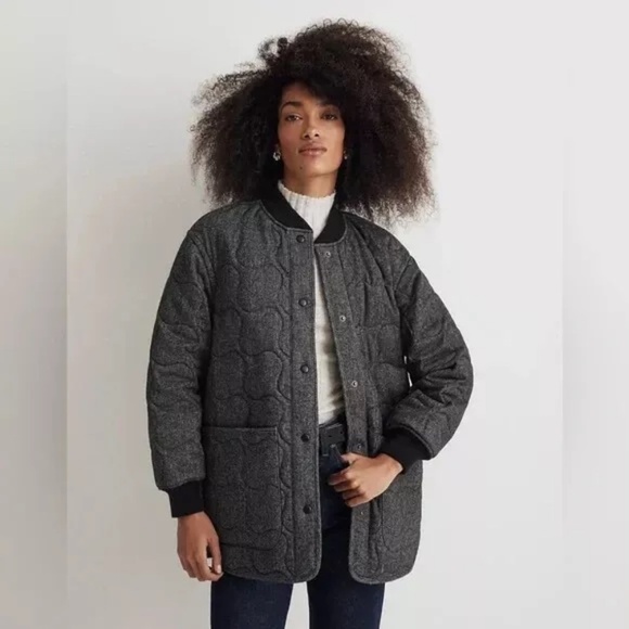 Madewell Quilted Oversized Bomber Jacket XS Charcoal Wool Herringbone Boxy Snap - Picture 1 of 11
